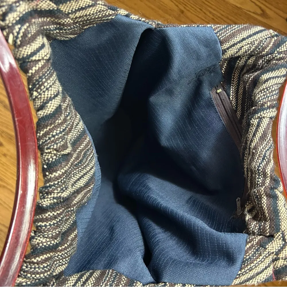 Vintage Knit Tote Bag Open Top Resin Plastic Handles BOHO Whimsigoth Brown - Image 6