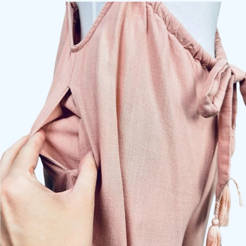 Mazik Boho Pink Linen Wide Leg Suspender Jumpsuit Overalls with Tassels NEW Size M - Image 5