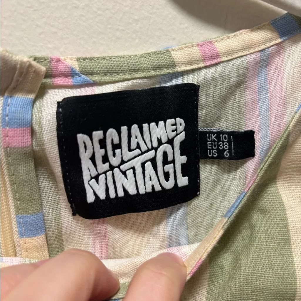 Reclaimed Vintage mini dress with cutouts and tie sides in linen Yellow Size 6 - Image 6