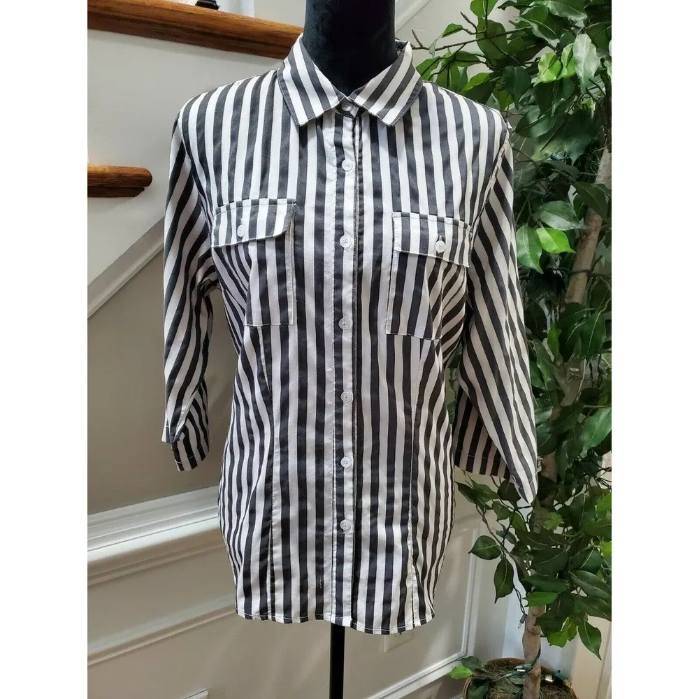 Ashley Stewart Women Black/White Nylon Collared Long Sleeve Button Down Shirt 14 - Image 8