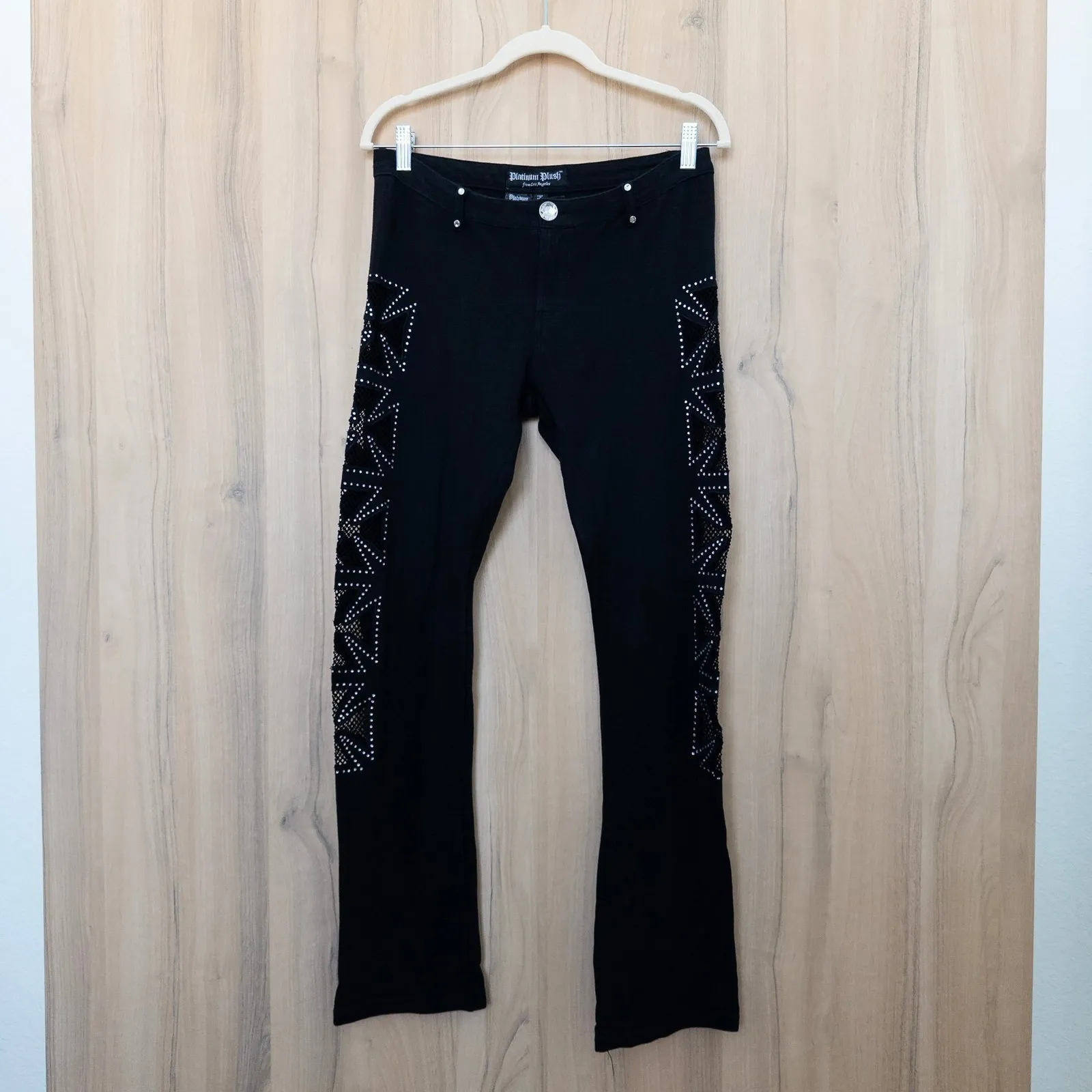 Platinum Plush Womens Low Rise Pants Size L Black Rhinestone Panel Y2K Goth Alt Size L - Image 2