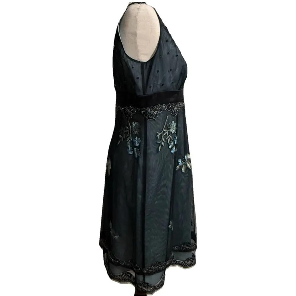 Adrianna Papell Dress Floral Beaded Sheer Silk Empire Waist Black Blue 12 - Image 5