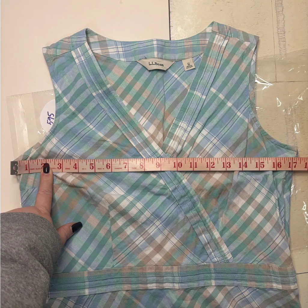 LL Bean Dress Size 12 Linen Cotton Blue Green Plaid V - Image 3