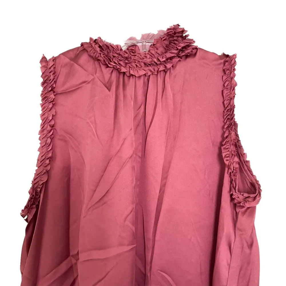 Zara Dark Pink Silk High Neck Frill Sleeveless Tank Blouse Size Small - Image 4