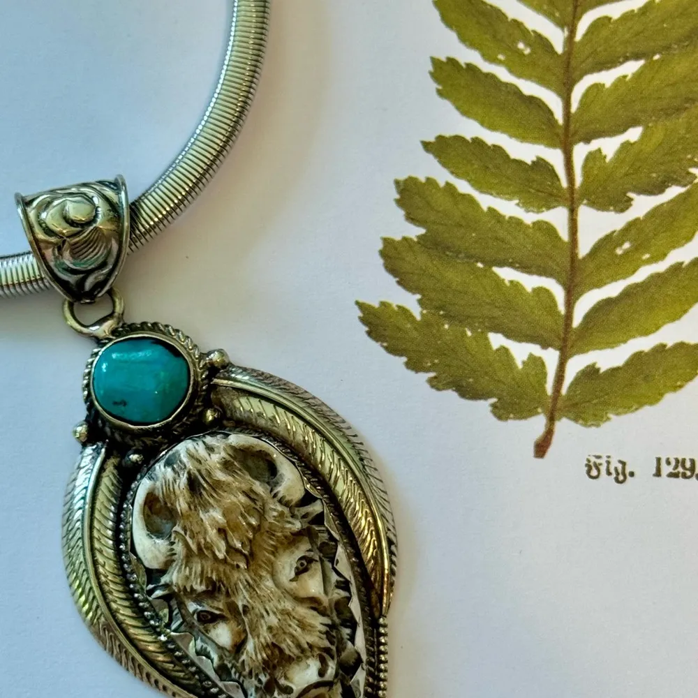 Turquoise and Tibet Silver Carved Buffalo Pendant on 18” Mesh Chain Blue - Image 5