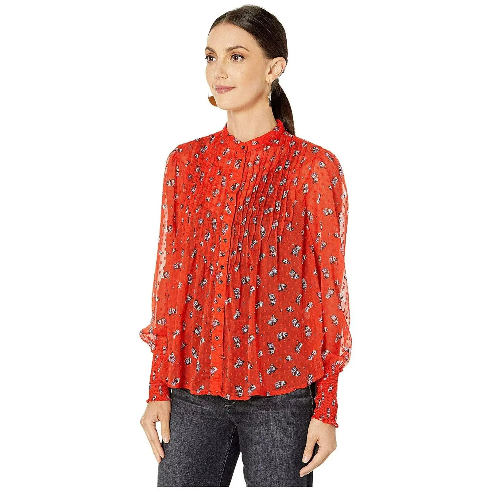 Free People Flowers In December Blouse Top‎ Women's S Red boho Cottagecore sheer - Image 2
