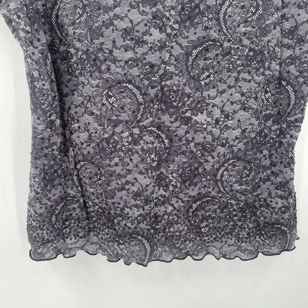 Y2K Top Large Short Sleeve 2000s Lace Print Rhinestones Babydoll Bratz Vintage Black - Image 9