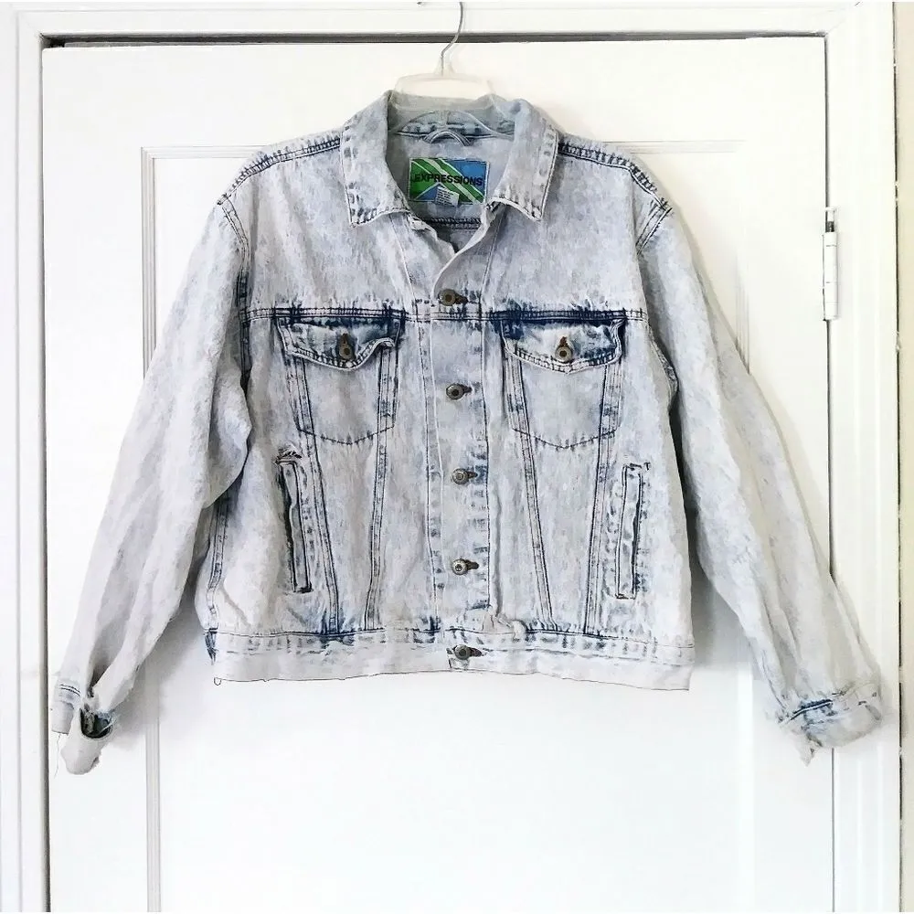 Vintage Acid Wash Distressed Ripped Denim Jacket Blue Size XL - Image 2