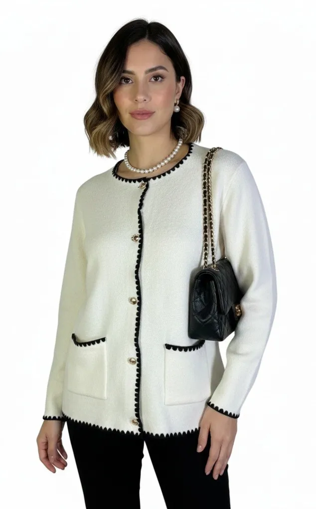 NWT Knit Cardigan Jacket Womens XL Cream Black Trim Classic Preppy Elegant - Image 1