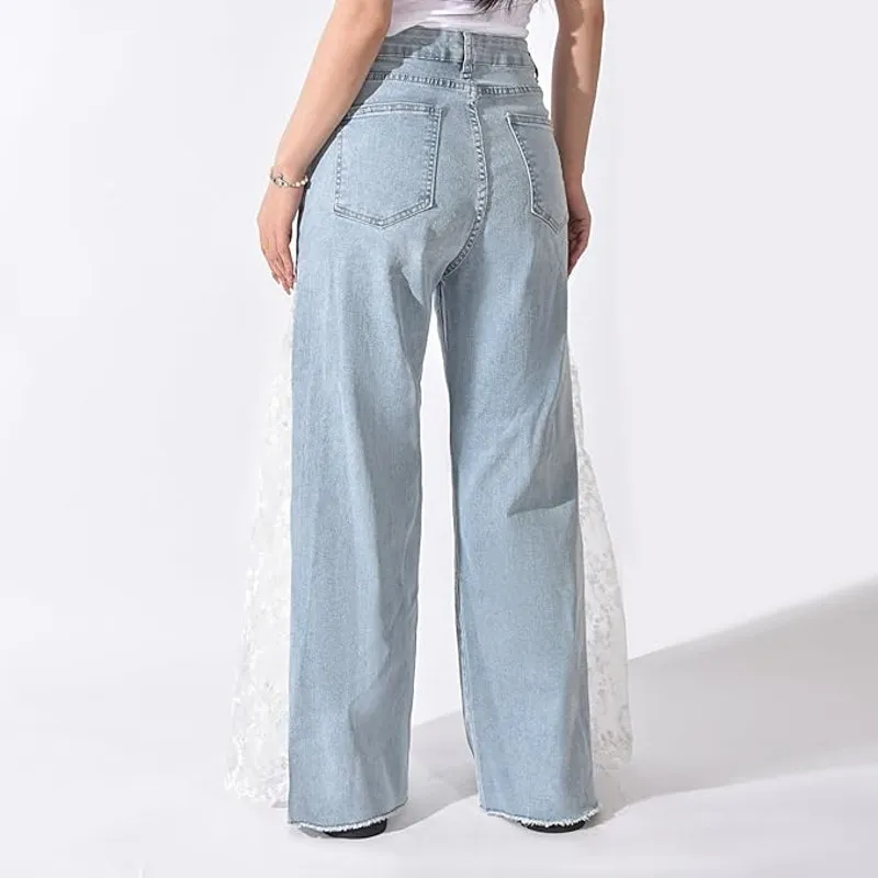 NWT ~ High Waisted Light Blue Denim Jeans Wide Leg Patchwork with Lace ~ XXL Size 33 - Image 2
