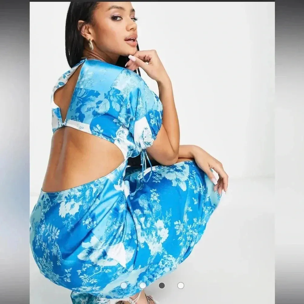 ASOS DESIGN satin midi dress button spring boho cutout in patchwork blue floral - Image 4