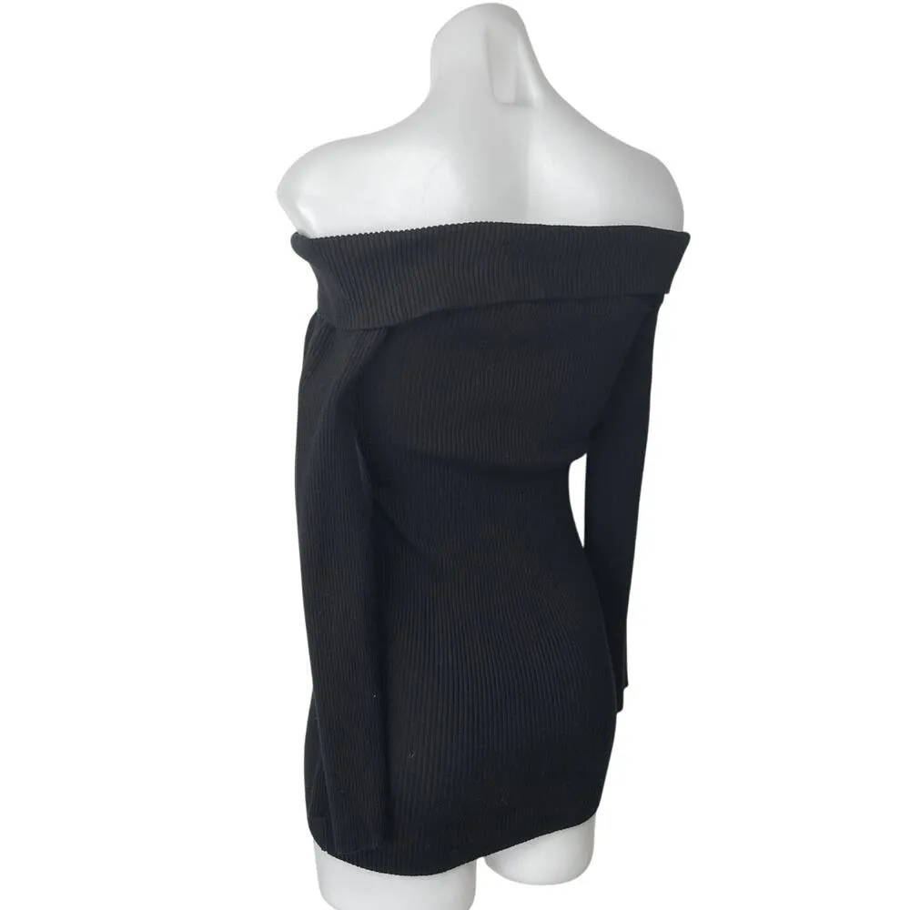 Tiger Mist Black Rib Knit Off Shoulder Long Sleeve Mini Bodycon Sweater Dress S - Image 2