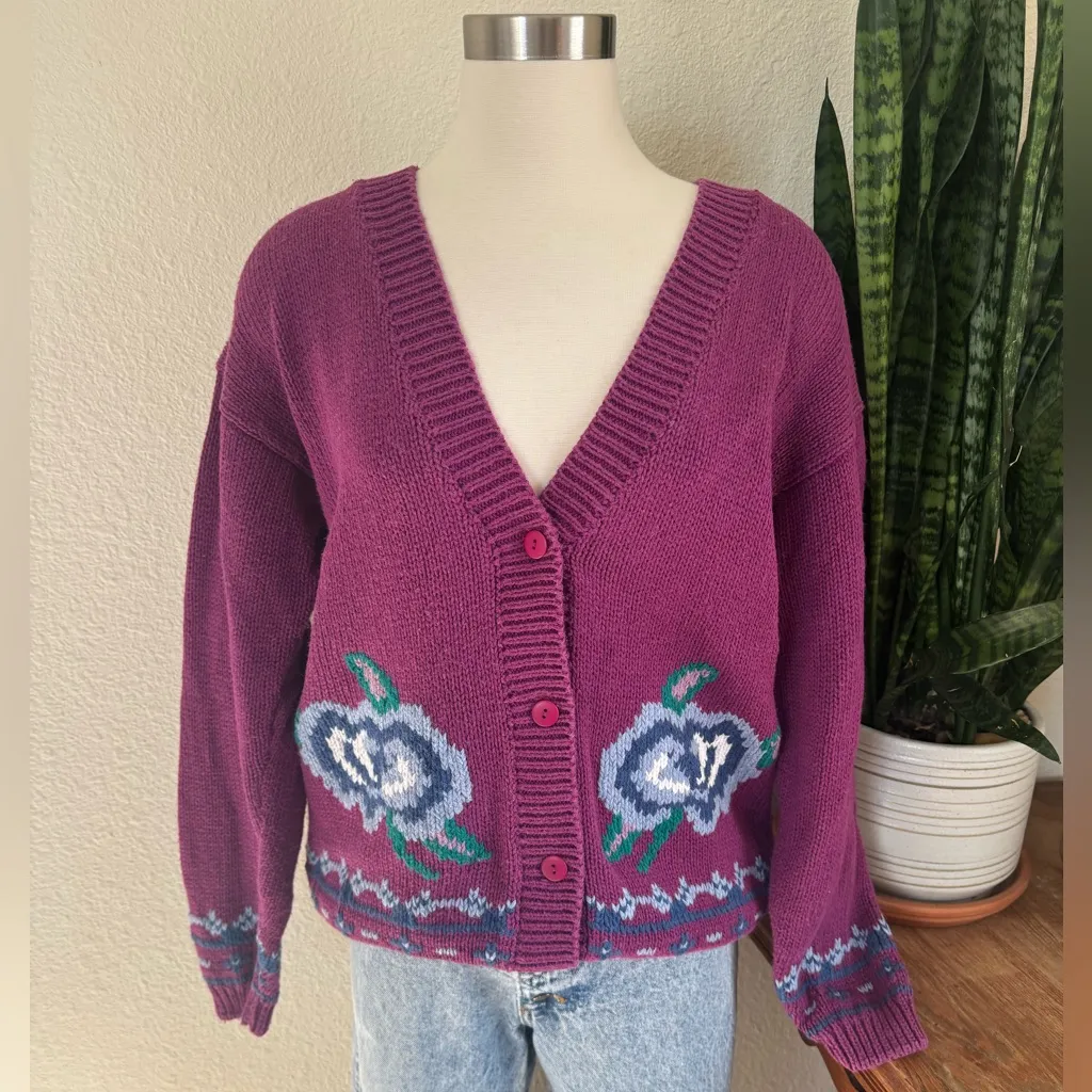 Vintage Chunky Floral Knit Ramie Cotton Sweater S 90s Purple - Image 7