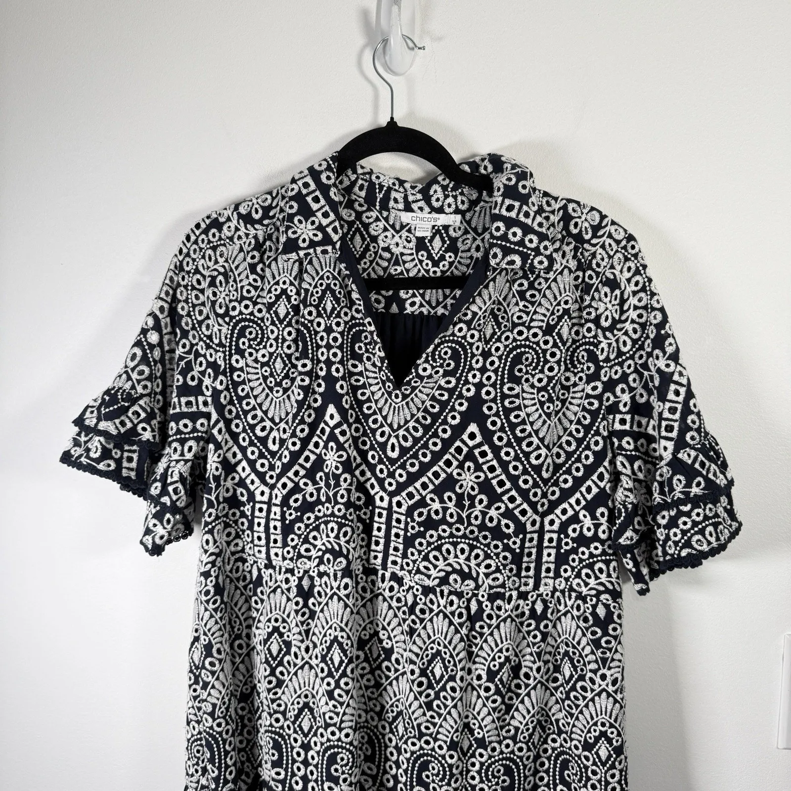 Chicos Eyelet Tiered Maxi Dress Navy Blue Embroidered Paisley Women 1 US 8 Med - Image 3