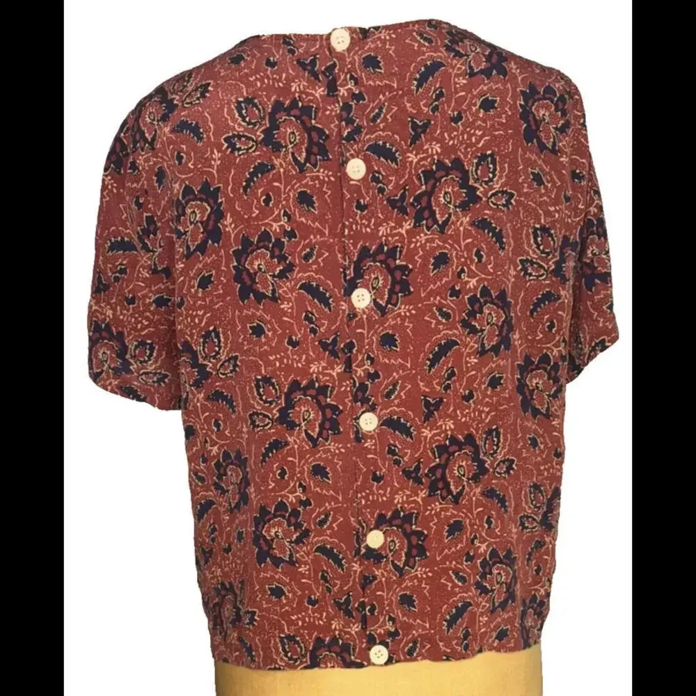 Madewell Floral Boho Hippie Rustic Equestrian Front Knot Silk Blouse Large - Image 2
