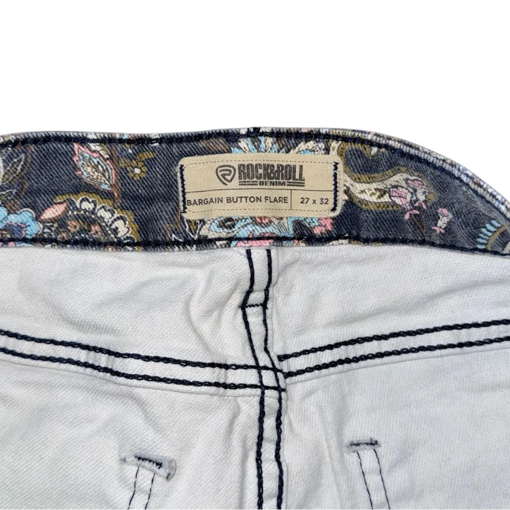 Rock & Roll Denim Floral Paisley High Rise Bargain Button Bell Flare Jeans Sz 27 Pink - Image 8