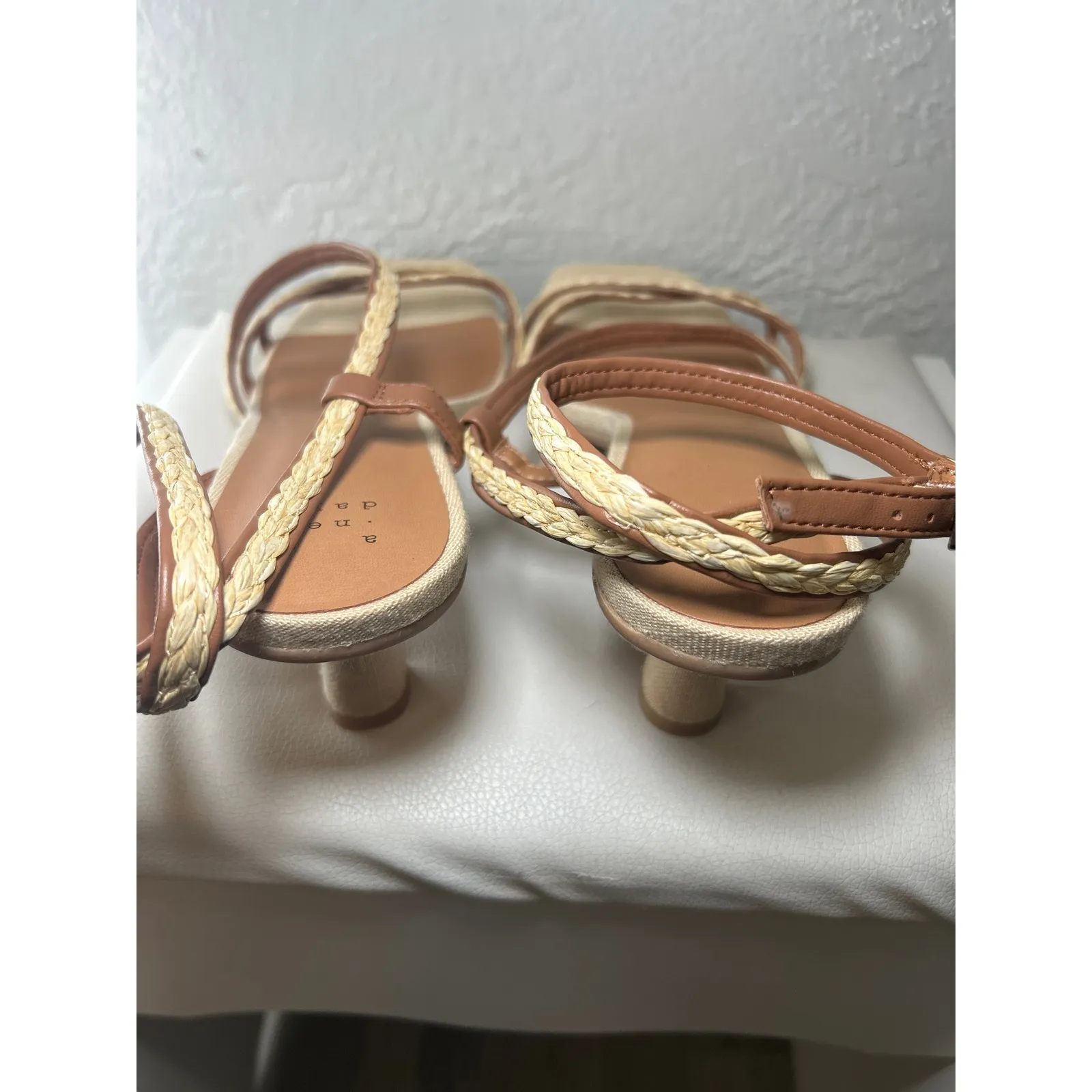 A New Day Women's Ankle Strap Kitten Heeled Sandals Square Toe Braided Tan Beige - Image 5