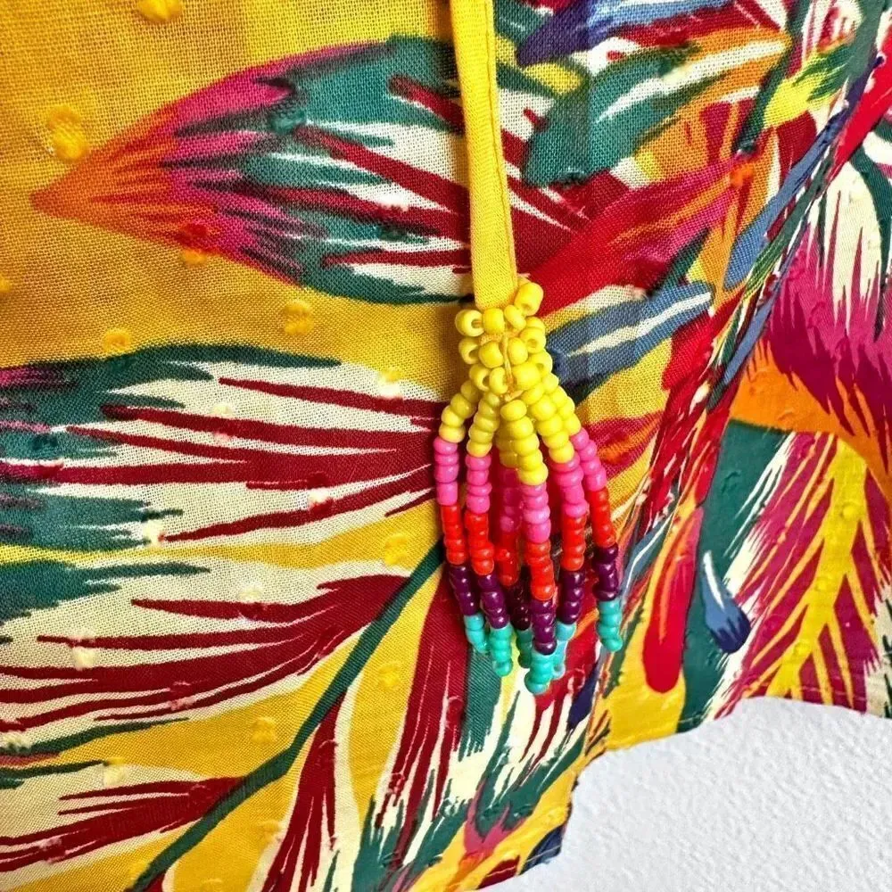 RACHEL ZOE | Bright Tropical Floral Bird Print Beaded Tassel Blouse | Medium - Image 5