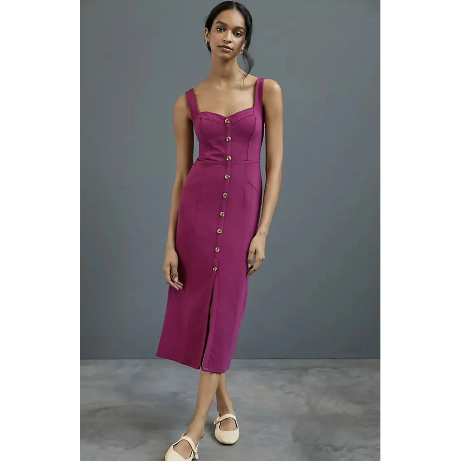 Maeve Anthropologie Midi Dress Size 0 Magenta Button Front Fitted Sleeveless - Image 4