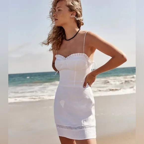 Reformation The Andie Mini Dress White Linen Blend Ruffle Bustier Smocked Back 8 - Image 15