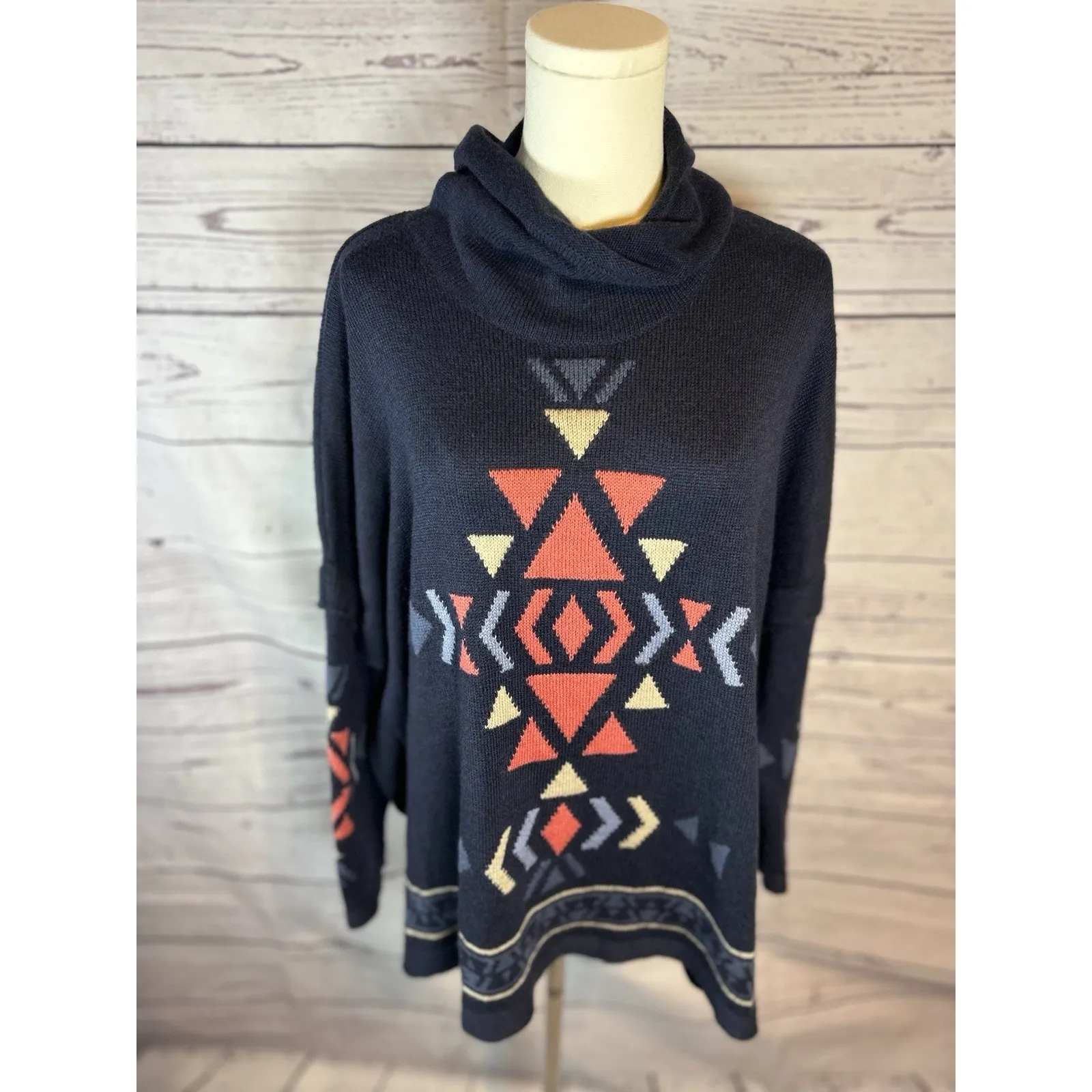 J. Jill oversized poncho style Aztec navy blue turtleneck sweater MP lovely!! Size undefined - Image 2