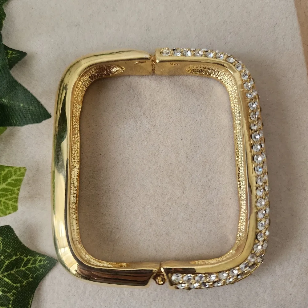 Lux Gold with CZ Crystals Rectangle Hinge Clamper Bracelet - Image 4