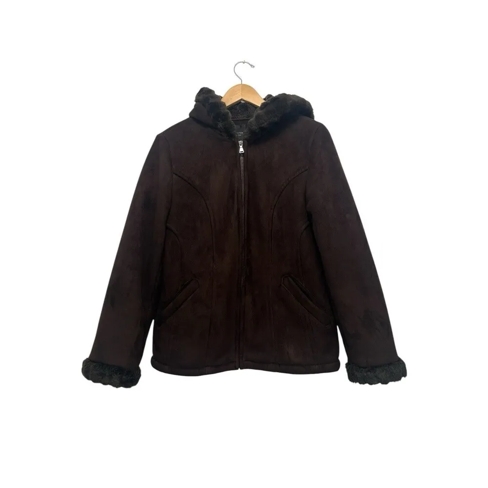 Braetan Faux Fur Shawl Collar Jacket Brown Suede Furry Lined Short Coat Sherpa M Size M - Image 3