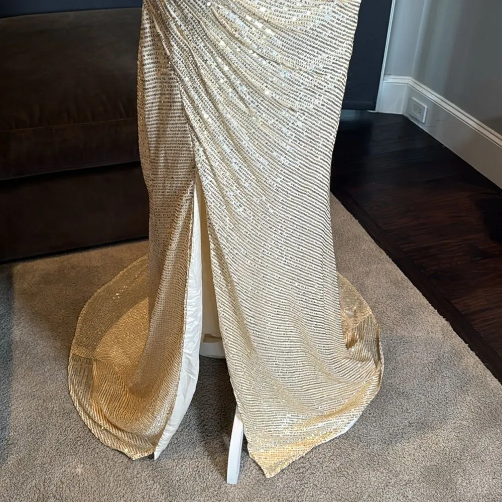 Women’s Gold Sequined Off the Shoulder Prom Party Dress Leg Slit Zip Back Size 2 - Image 13