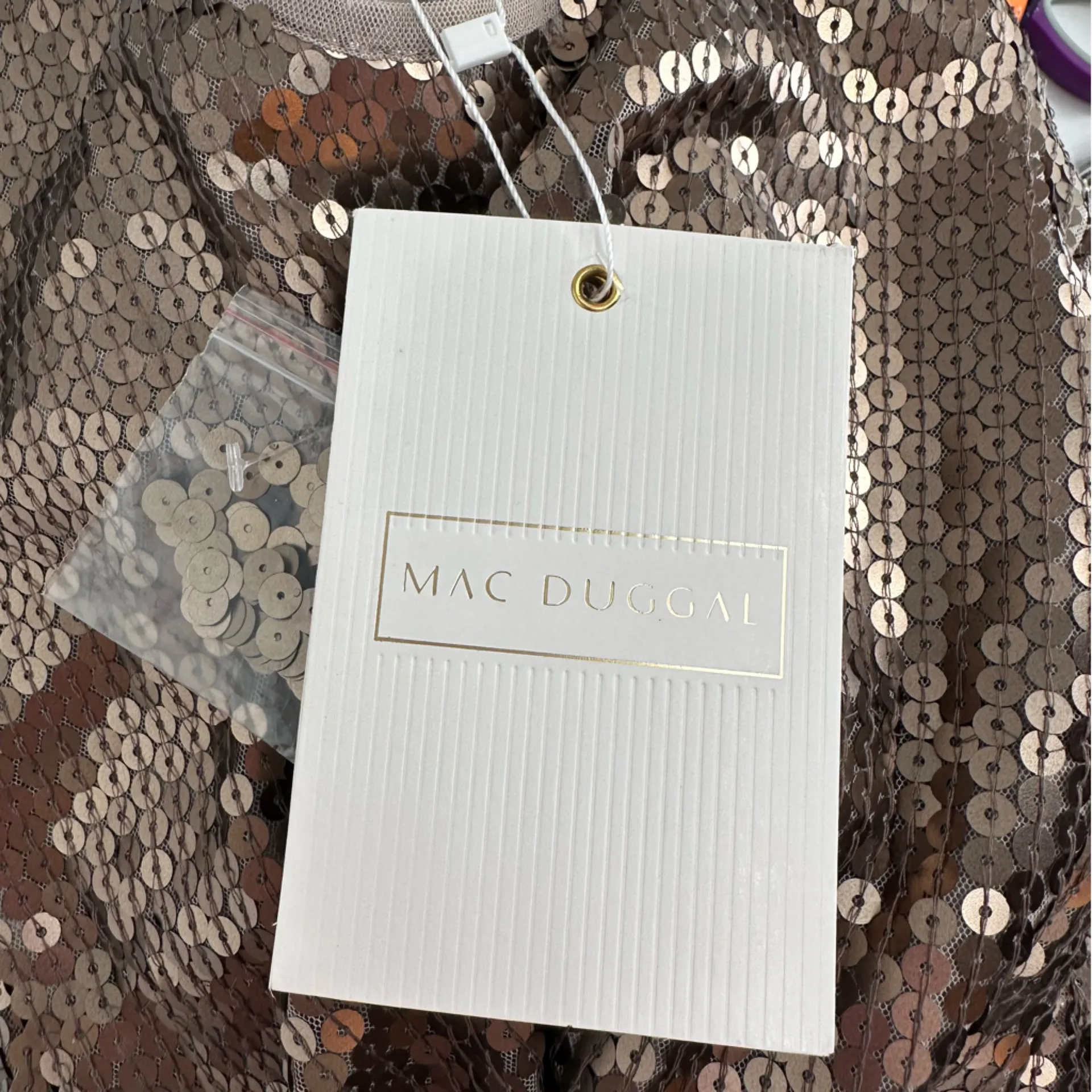 Mac Duggal Sash Belt Long Sleeves Mini Dress 10789 size 2 Taupe Sequins Cocktail - Image 15