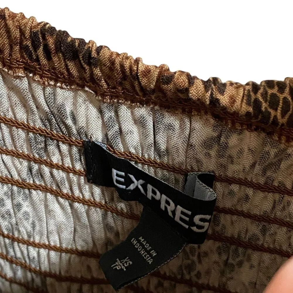 Express Women XS Brown Snake Print Tie Straps VNeck Smocked Ruffle Mini Dress - Image 4