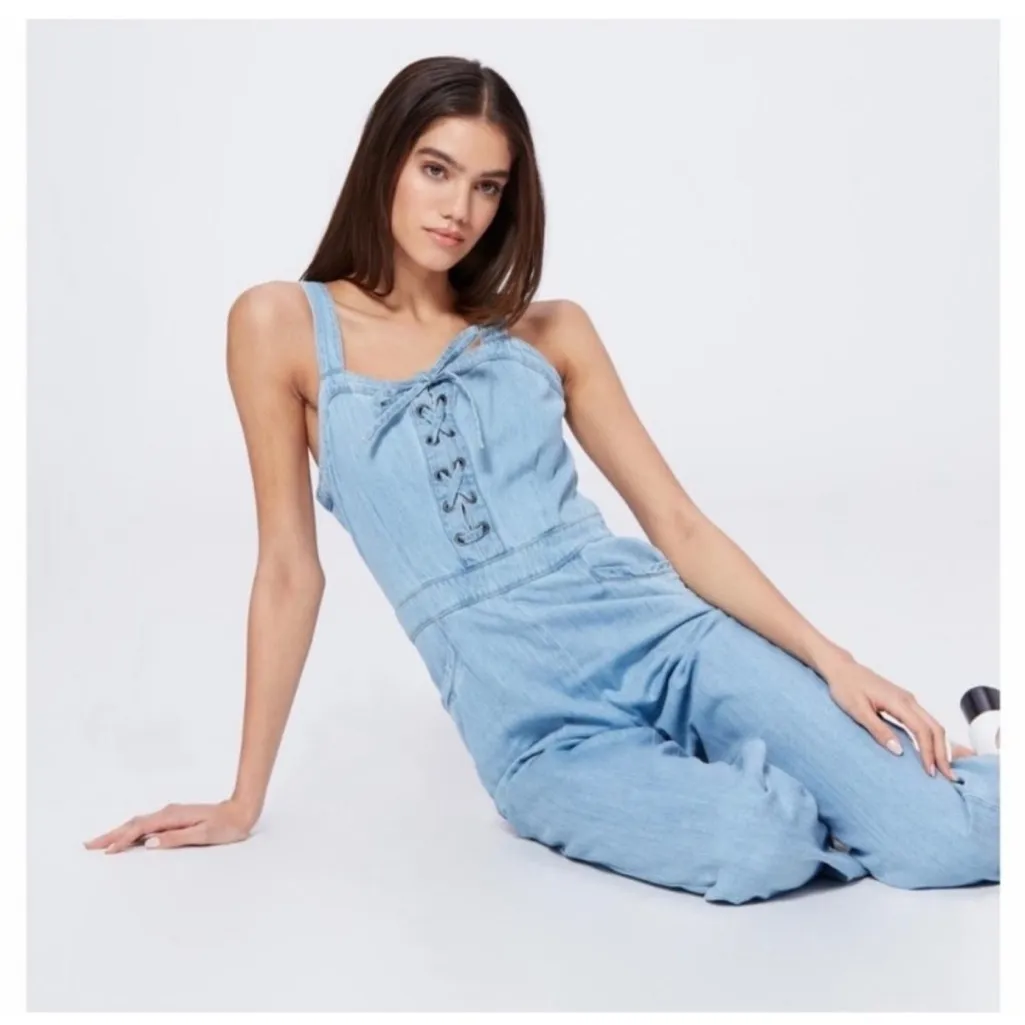 Paige x Revolve November Denim Jumpsuit Overalls Zeila Crop Wide Leg Lace Up XL - Image 4