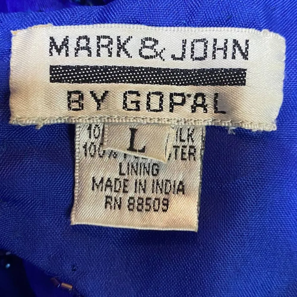 Vintage Beaded Silk Mini Dress Keyhole Back V Neck Shoulder Pads Blue Womens L Size L - Image 7