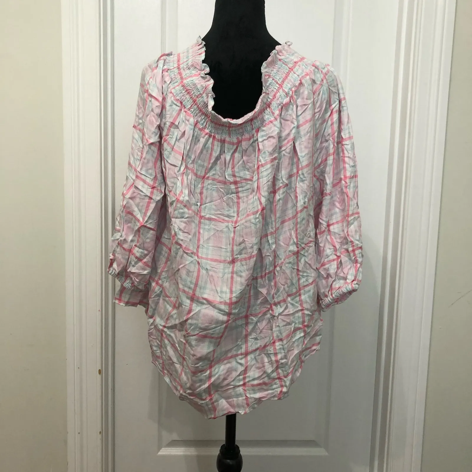 Tommy Hilfiger Womens Blouse Size 0X Pink White Check Rounded‎ Hem Pullover NWT - Image 7
