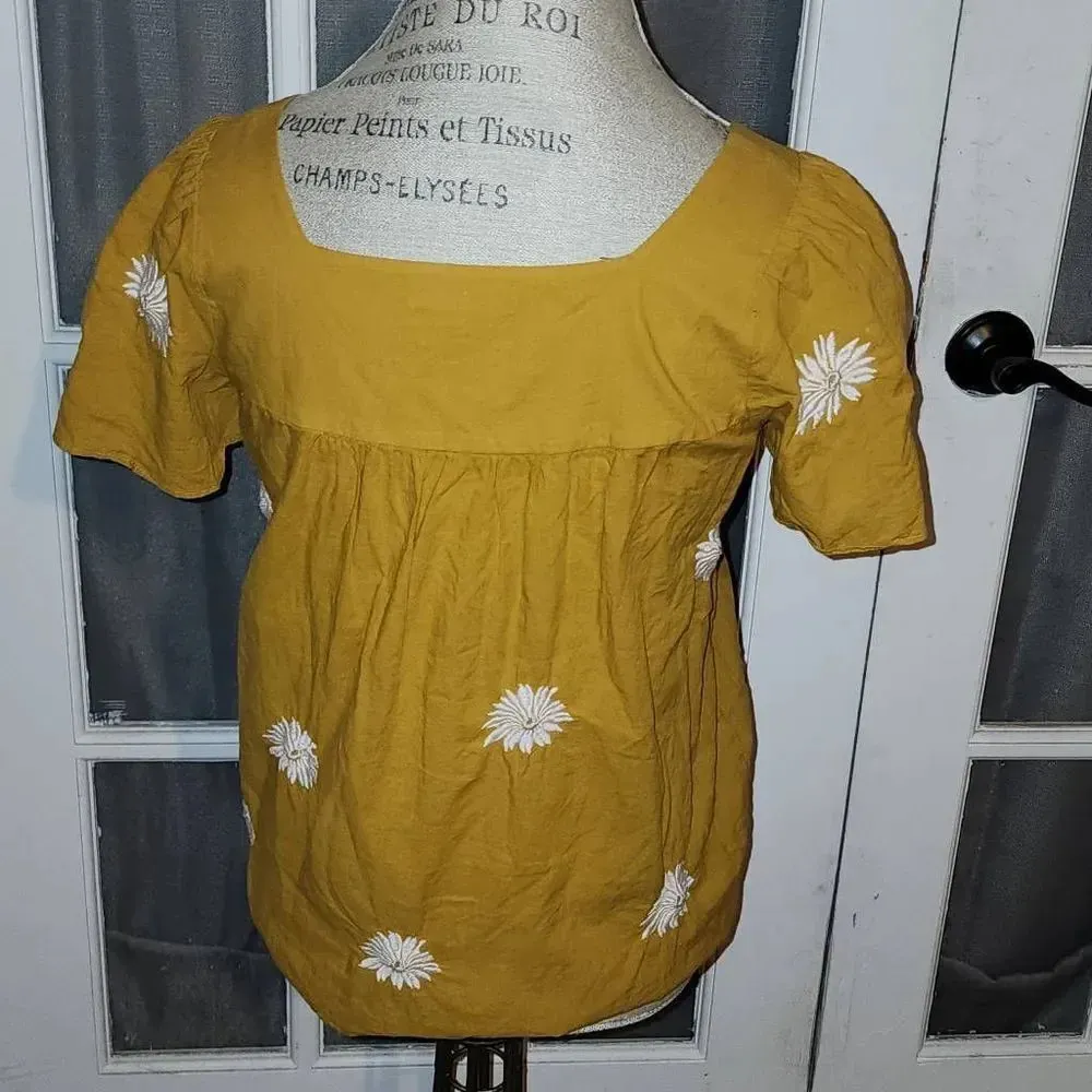 Madewell Womens Mustard Yellow Floral‎ Embroidered Butterfly Top Blouse XS - Image 2