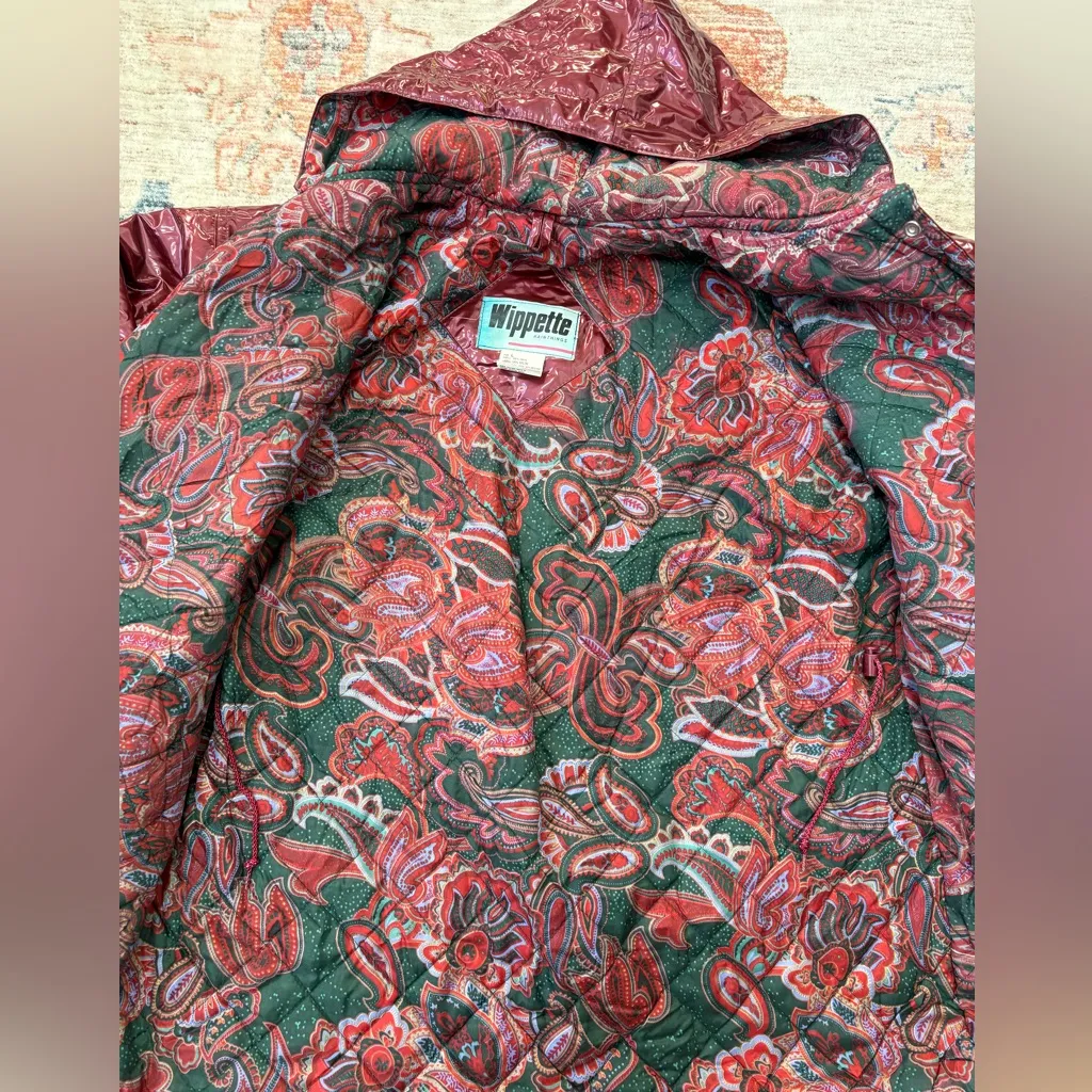 Vintage Wippette Rainthings Vinyl Hood Rain Jacket Maroon Paisley Lined Size Lg Pink - Image 2