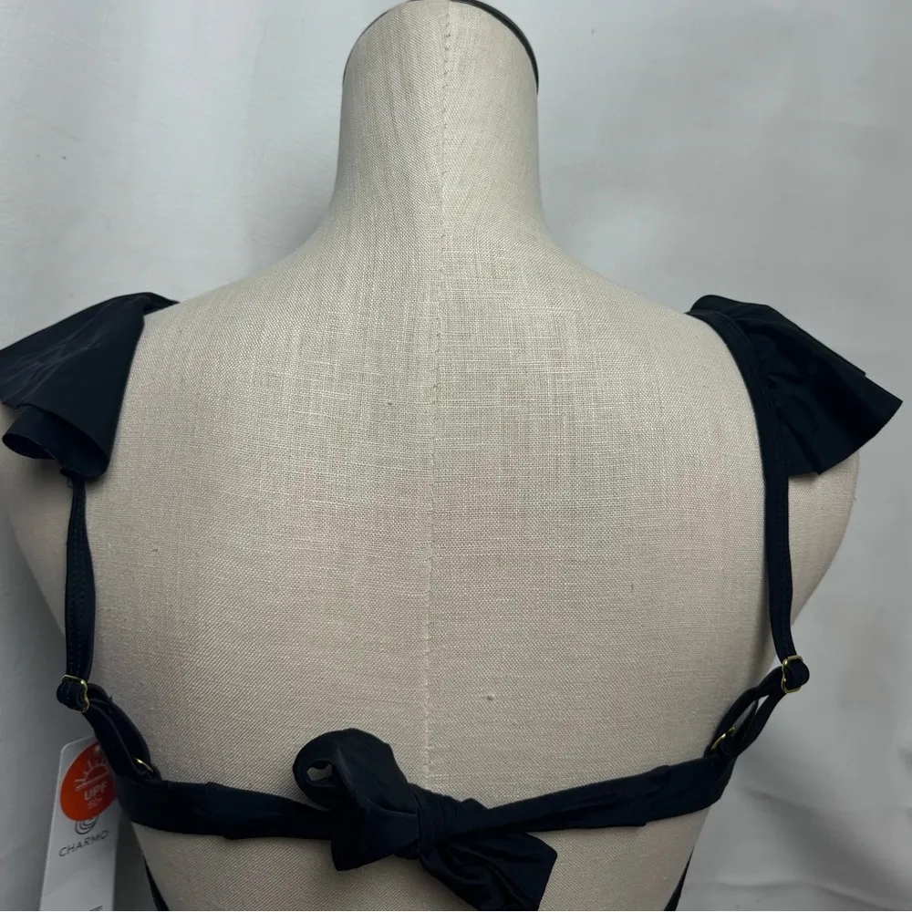 Charmo Women’s Ruffle One Piece Bathing Suit Black Tie Back Ruched Medium NWT - Image 10