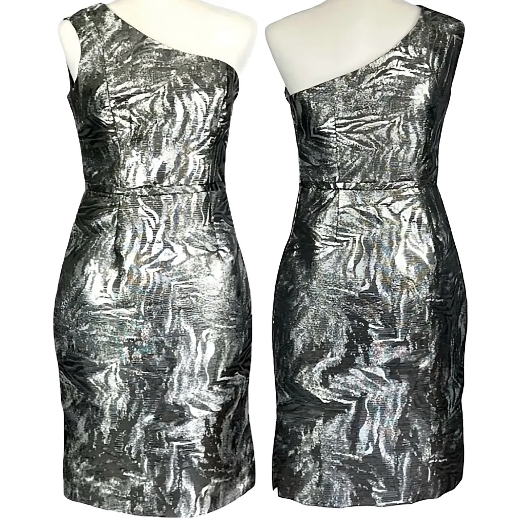Calvin Klein One Shoulder Cocktail Dress Size 4 NWT Silver Metallic Gunmetal - Image 2