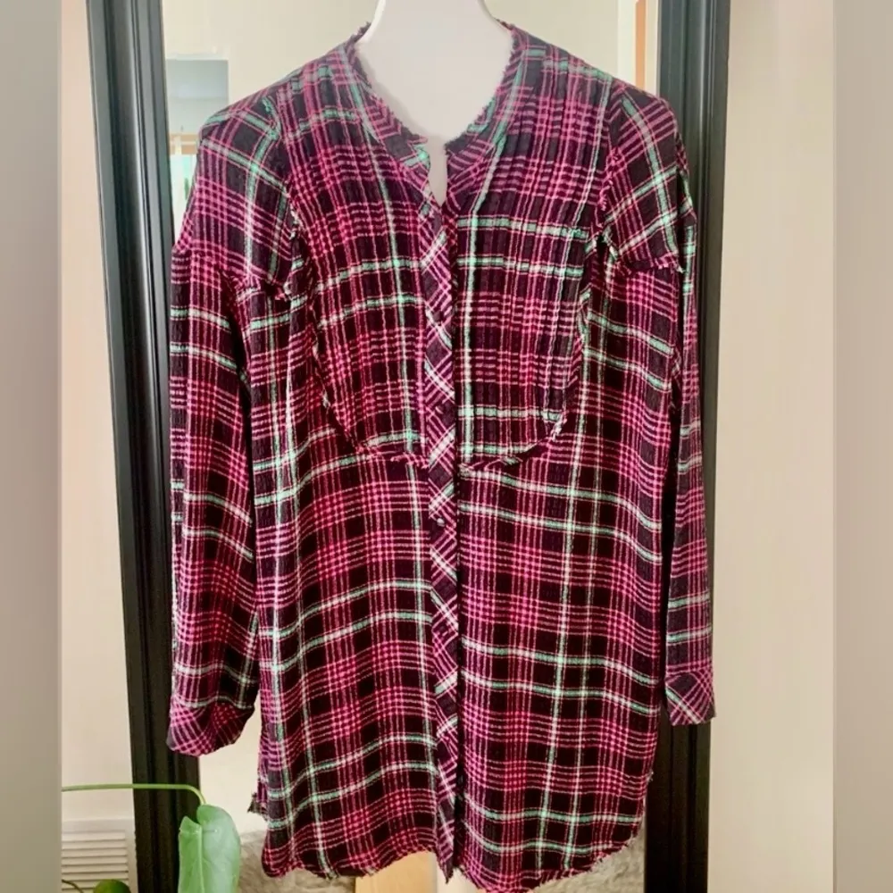 FREE PEOPLE Plaid Purple and Black Long Sleeve Shirt - Image 3