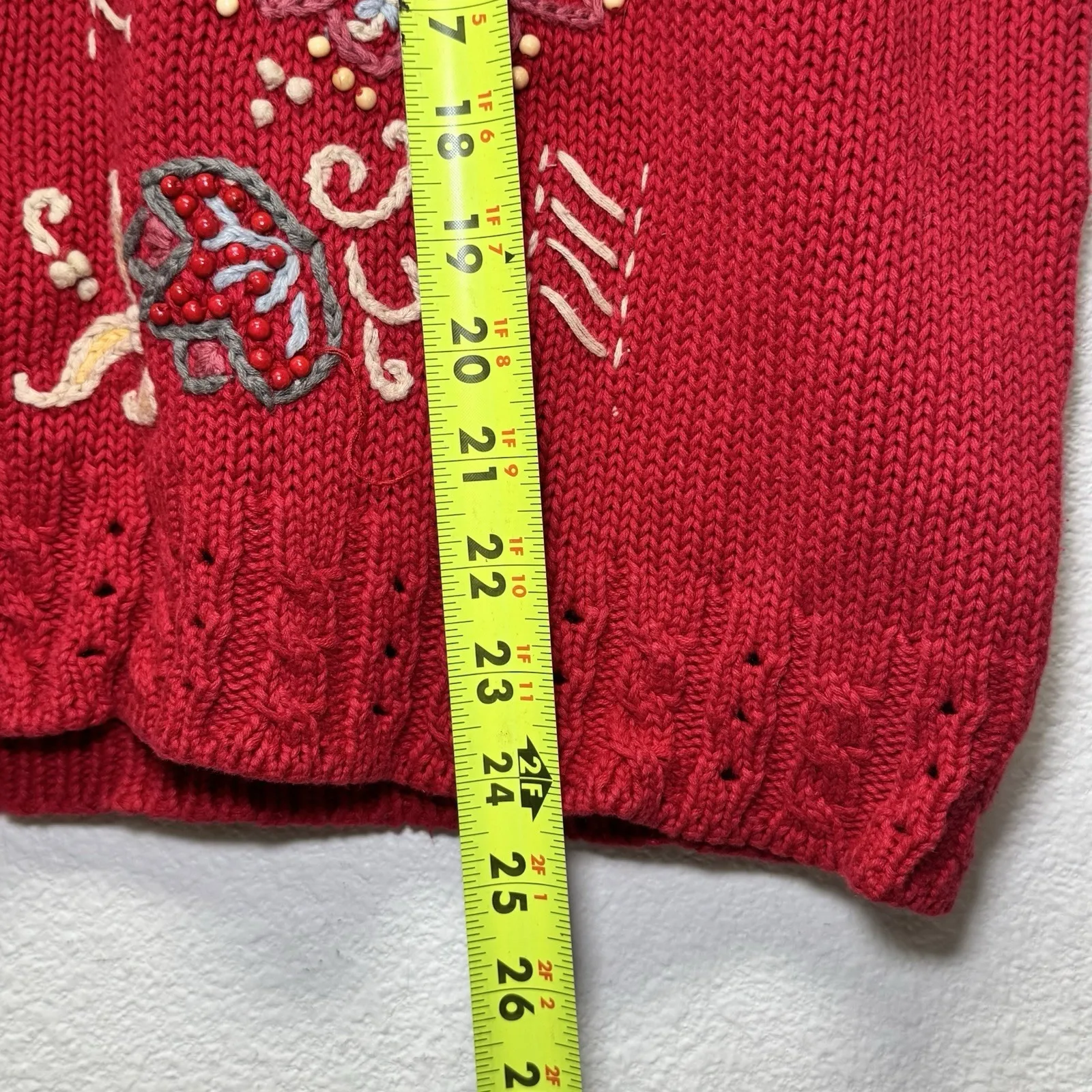 Susan Bristol Sweater Vest Large Red Embroidered Floral Holiday Cottage Cardigan - Image 7