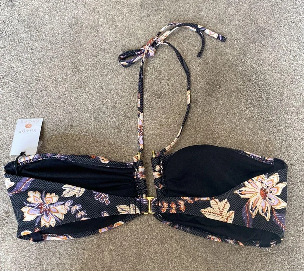 Shade & Shore Black Floral Print Bandeau Halter Swim Bikini Top Size L - Image 5