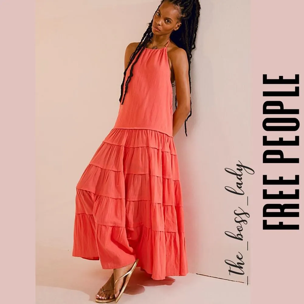 Free People maxi dress tiered halter ruffled cotton Medium - Image 7