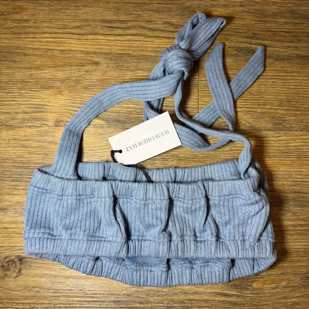 NWT WeWoreWhat Blue Halter Tie Neckline Wide Ribbed Crop Top Bandeau Style - Image 7