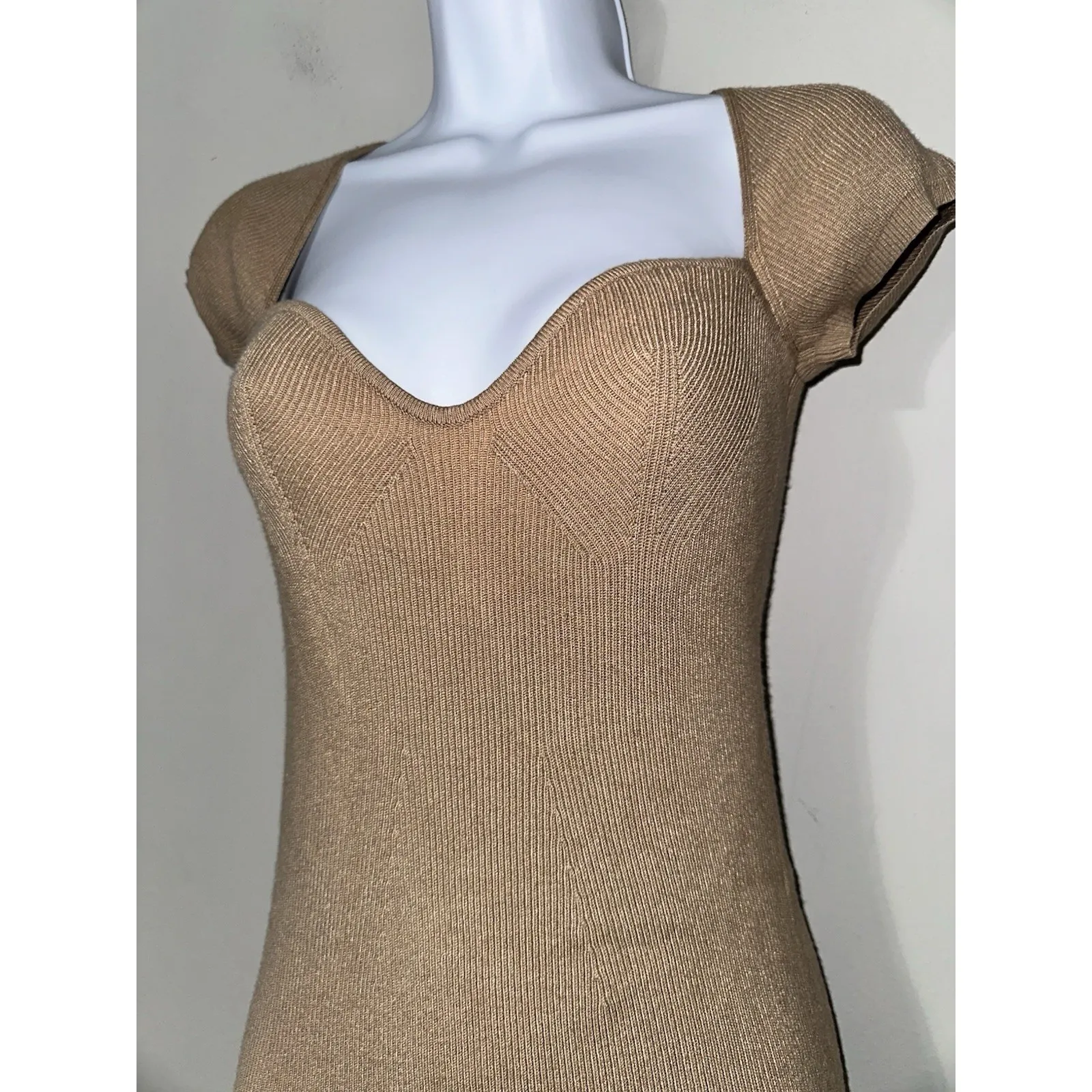 JLUXLABEL Tan Ribbed Knit Midi Dress | Sweetheart Neck Cap Sleeve Size L Brown Size L - Image 2