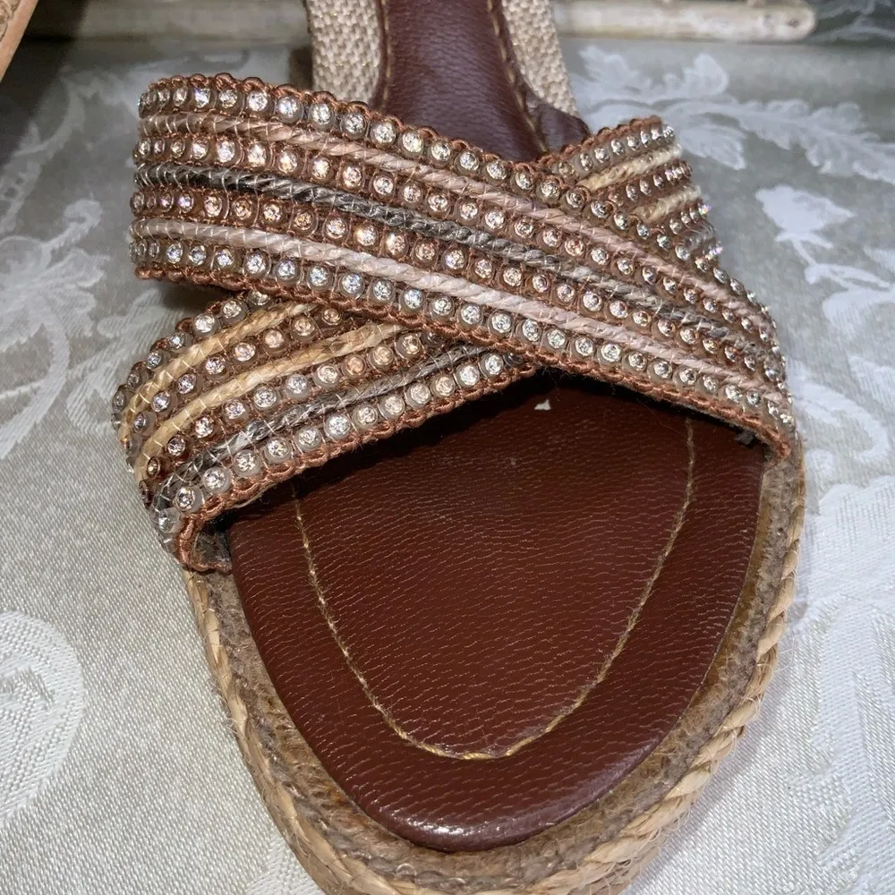 Rope 4” Wedge With Criss Cross Rhinestones Straps Almost New Size 9 - Image 10