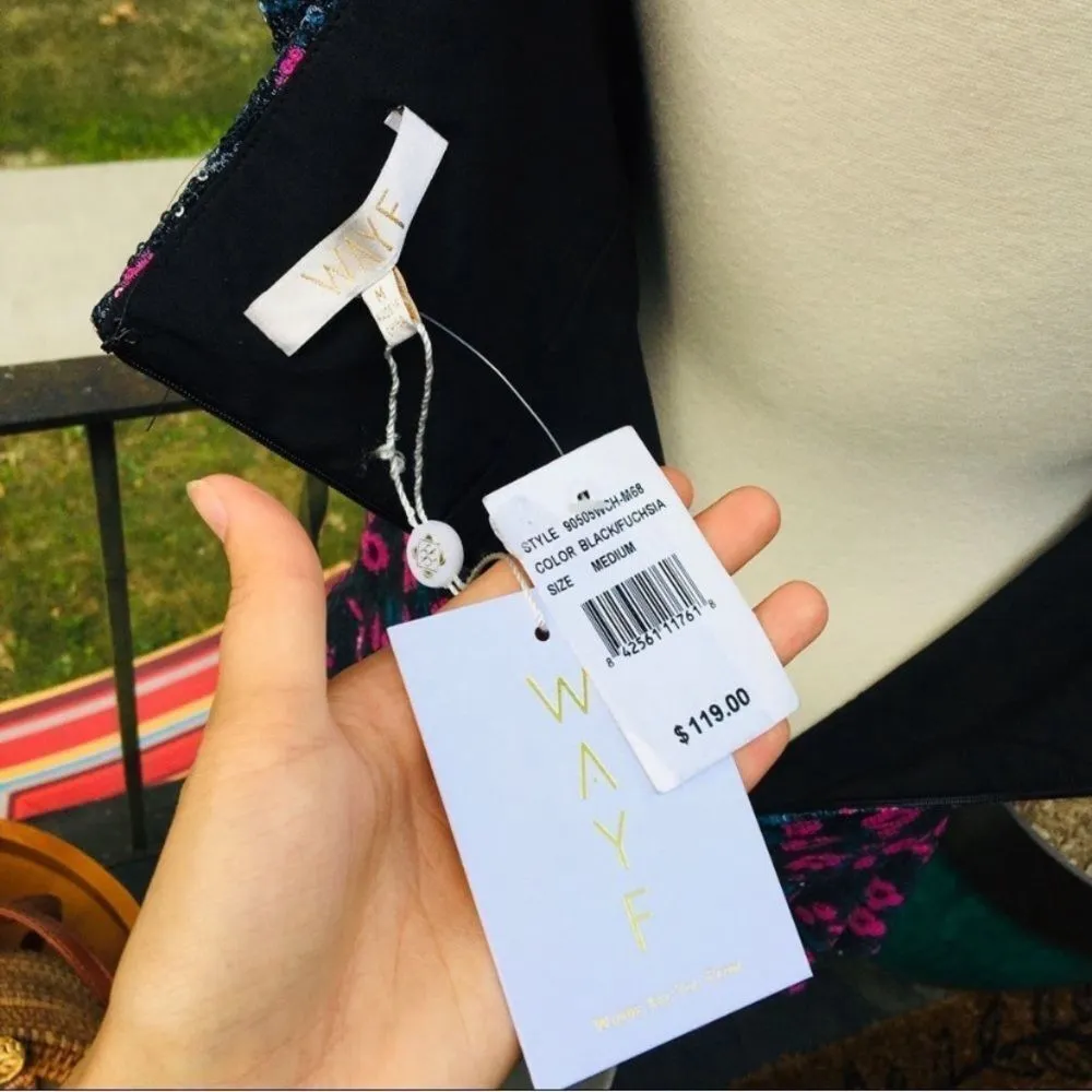 WAYF Pink & Black Janet Off Shoulder Floral Sequin Dress - Image 7