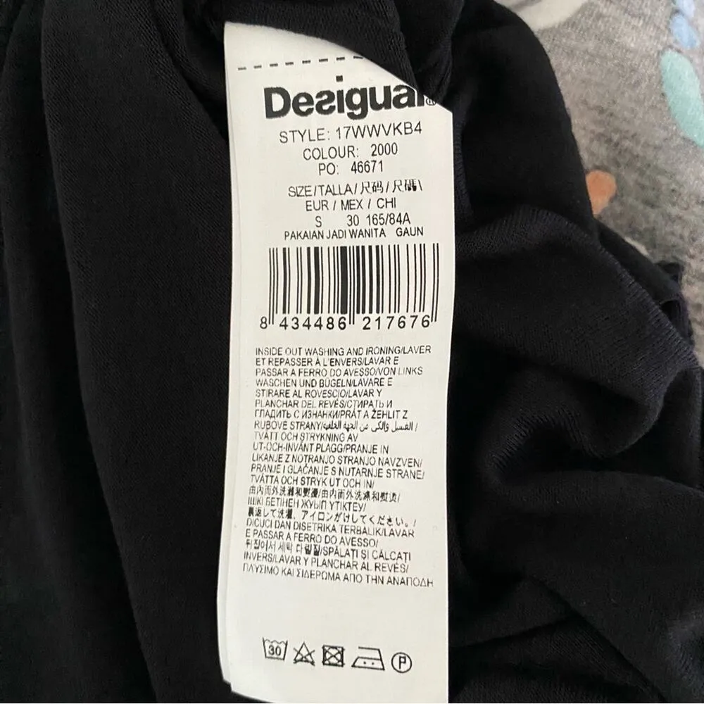 Desigual Black Butterfly Print Mock Faux Wrap Dress size small - Image 7