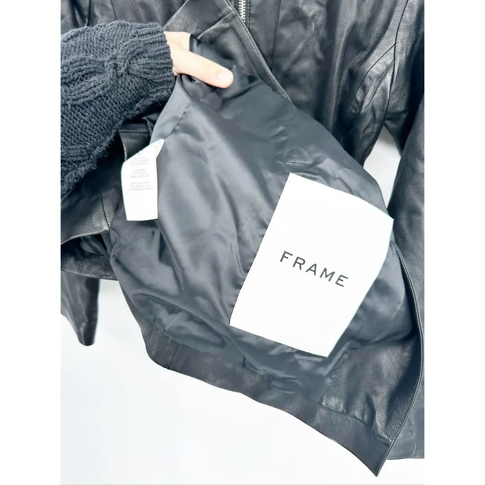 FRAME Pintucked Leather Dress Coat in Noir Black Zip Front Size S $2798 - Image 5