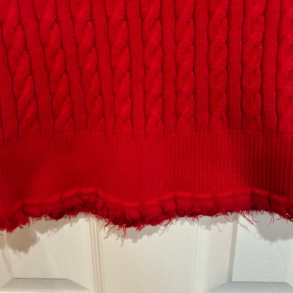 Ralph Lauren Vibrant Red Cable Knit Sweater Small with raw edge on bottom - Image 3