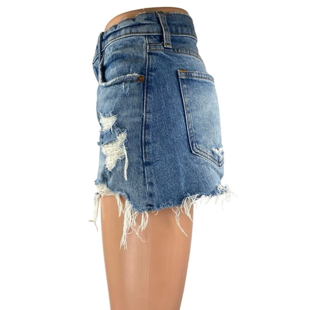 Abercrombie & Fitch Blue Distressed Frayed High Waist Denim Jeans Mom Shorts 25 - Image 2