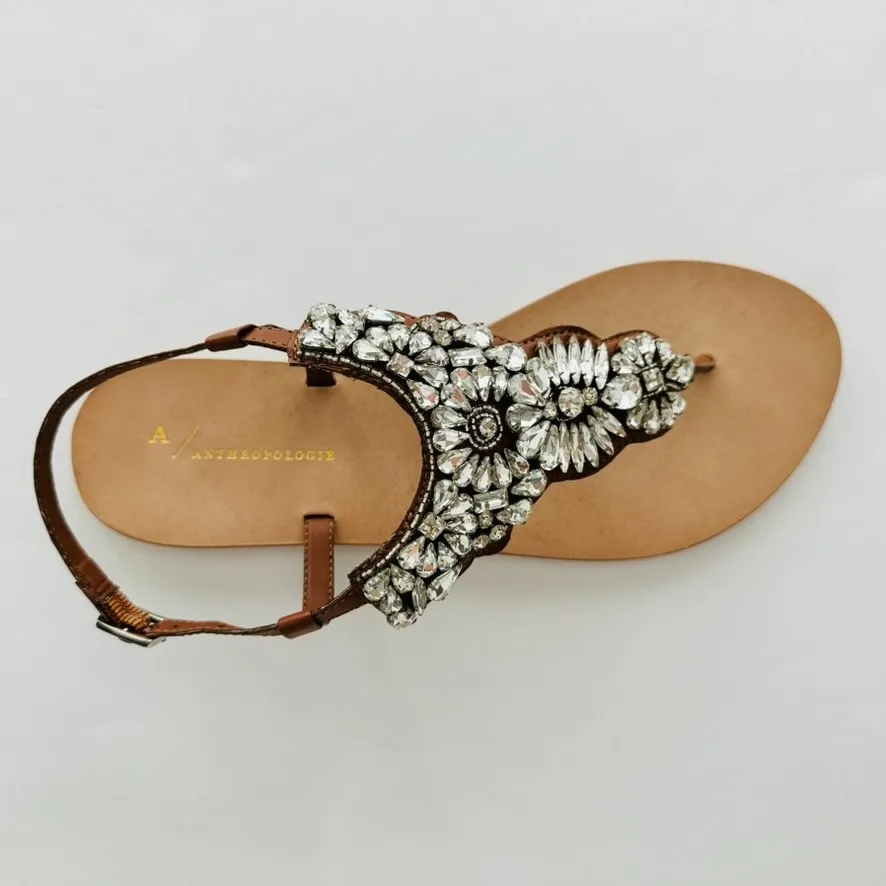 Anthropologie Crystal Thong Brown Leather Sandal US 9 NEW Flat Made in India - Image 2